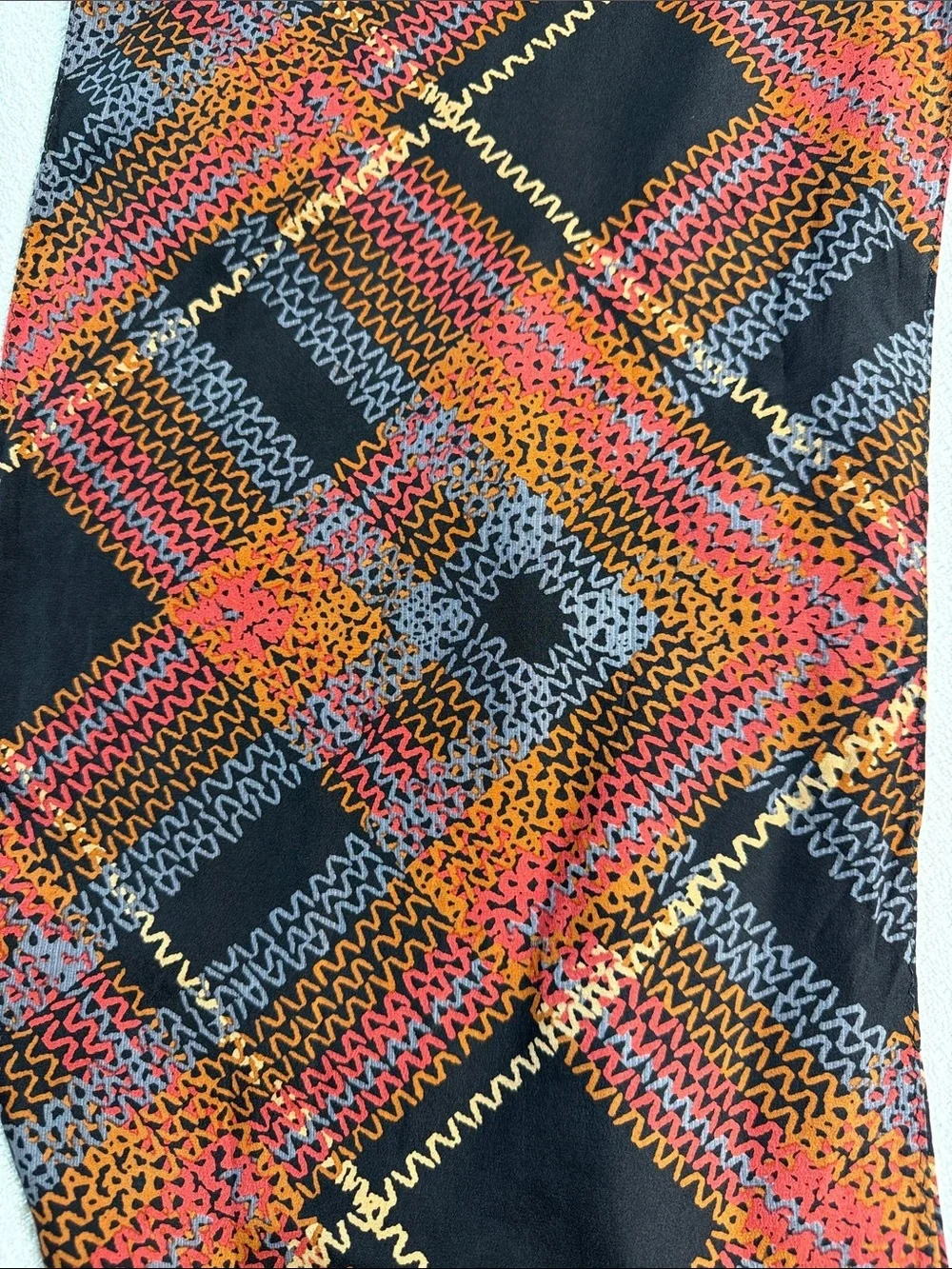 Anne Klein silk scarf black orange pink yellow blue squiggle line plaid print